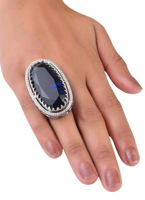 Adjustable Party Wear CZ and Stone Embellished Silver Blue Finger Ring FR67 3