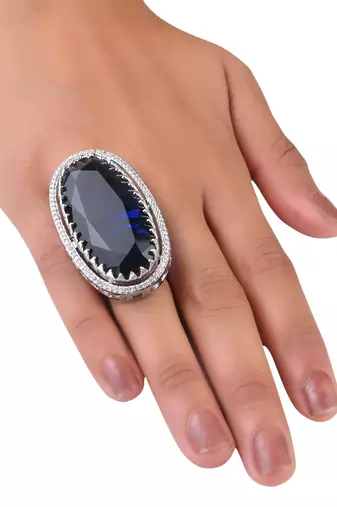 Adjustable Party Wear CZ and Stone Embellished Silver Blue Finger Ring FR67