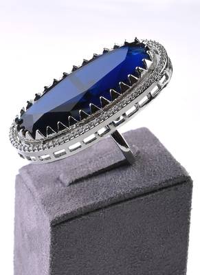 Adjustable Party Wear CZ and Stone Embellished Silver Blue Finger Ring FR67 4
