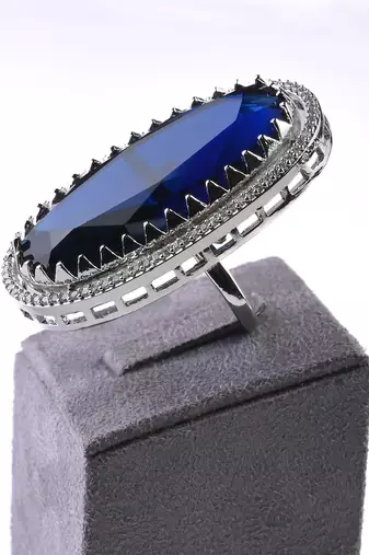 Adjustable Party Wear CZ and Stone Embellished Silver Blue Finger Ring FR67