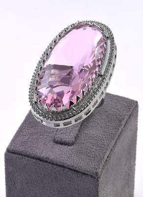 Adjustable Party Wear CZ and Stone Embellished Silver Pink Finger Ring FR68 1