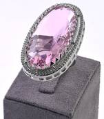 Adjustable Party Wear CZ and Stone Embellished Silver Pink Finger Ring FR68