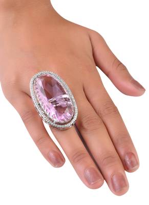 Adjustable Party Wear CZ and Stone Embellished Silver Pink Finger Ring FR68 3