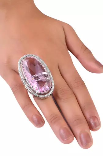 Adjustable Party Wear CZ and Stone Embellished Silver Pink Finger Ring FR68