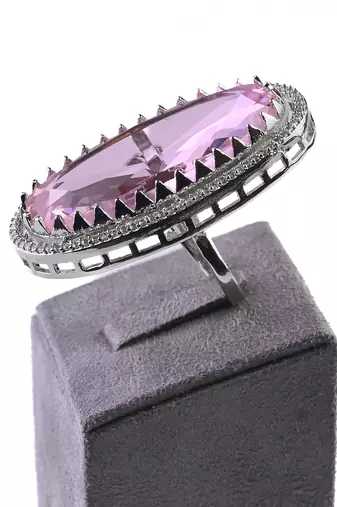 Adjustable Party Wear CZ and Stone Embellished Silver Pink Finger Ring FR68