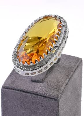 Adjustable Party Wear CZ and Stone Embellished Silver Yellow Finger Ring FR69 1
