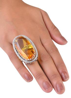 Adjustable Party Wear CZ and Stone Embellished Silver Yellow Finger Ring FR69 3