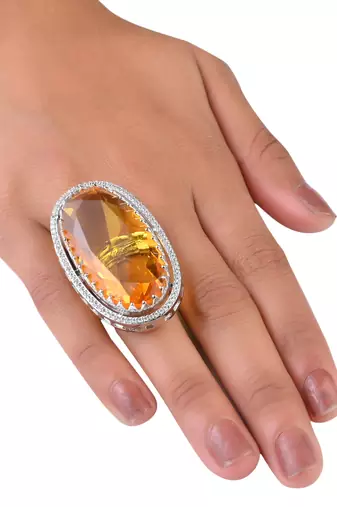 Adjustable Party Wear CZ and Stone Embellished Silver Yellow Finger Ring FR69