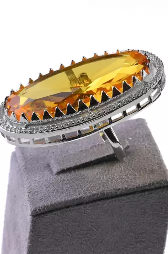 Adjustable Party Wear CZ and Stone Embellished Silver Yellow Finger Ring FR69