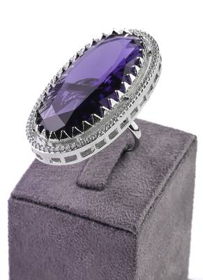 Adjustable Party Wear CZ and Stone Embellished Silver Purple Finger Ring FR70 1