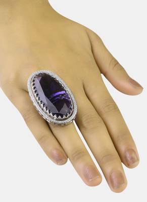 Adjustable Party Wear CZ and Stone Embellished Silver Purple Finger Ring FR70 3