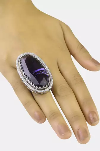 Adjustable Party Wear CZ and Stone Embellished Silver Purple Finger Ring FR70