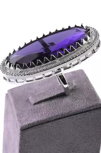 Adjustable Party Wear CZ and Stone Embellished Silver Purple Finger Ring FR70