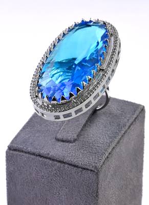 Adjustable Party Wear CZ and Stone Embellished Silver Turquoise Finger Ring FR71 1