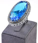 Adjustable Party Wear CZ and Stone Embellished Silver Turquoise Finger Ring FR71