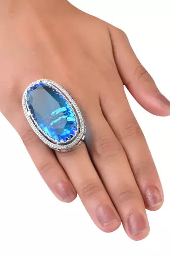 Adjustable Party Wear CZ and Stone Embellished Silver Turquoise Finger Ring FR71