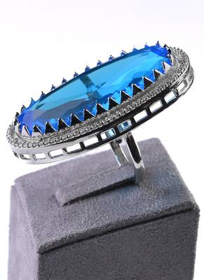 Adjustable Party Wear CZ and Stone Embellished Silver Turquoise Finger Ring FR71 4