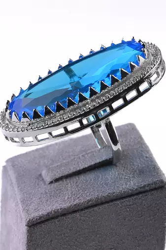 Adjustable Party Wear CZ and Stone Embellished Silver Turquoise Finger Ring FR71