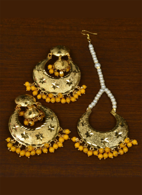 Punjabi Traditional Yellow Earrings Tikka Set MT246 1