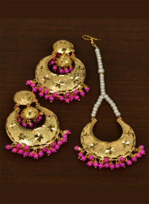 Punjabi Traditional Magenta Earrings Tikka Set MT247 1