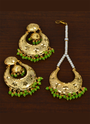 Punjabi Traditional Parrot Green Earrings Tikka Set MT248 1