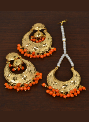 Punjabi Traditional Orange Earrings Tikka Set MT250 1