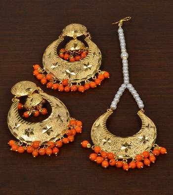 Punjabi Traditional Orange Earrings Tikka Set MT250 2