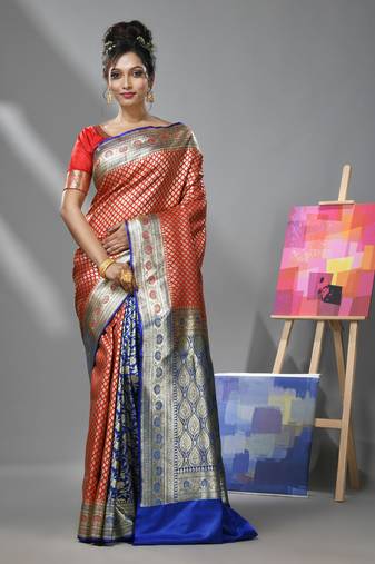 Red and blue silk banarasi patli pallu saree with ethnic motifs and woven designs