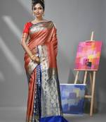 Red and blue silk banarasi patli pallu saree with ethnic motifs and woven designs
