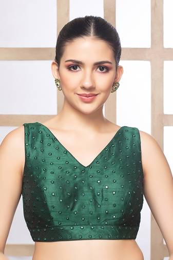 Dark Green Mirror Work Ready Made Blouse
