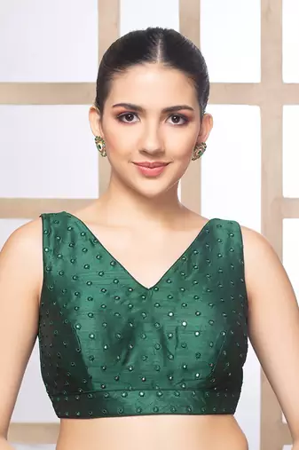 Dark Green Mirror Work Ready Made Blouse