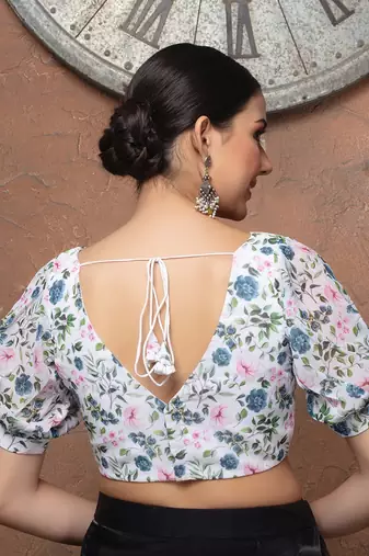 White Floral Puff Sleeves ReadyMade Blouse