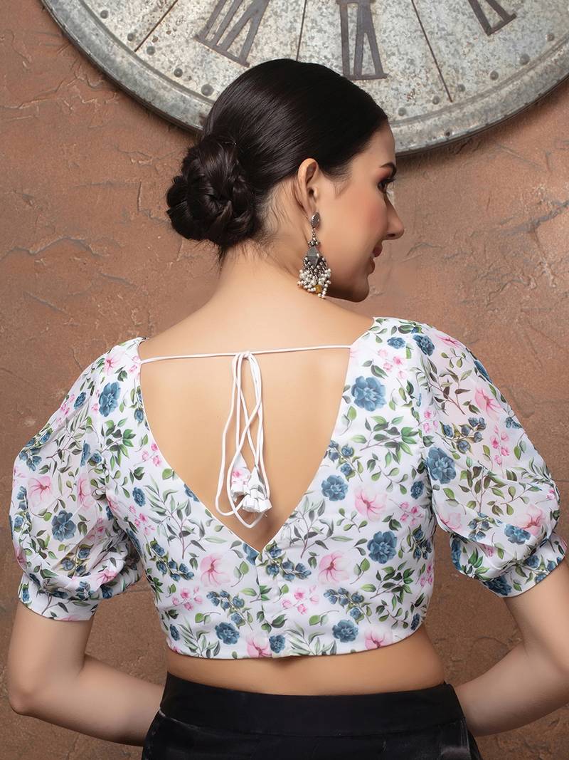 White Floral Puff Sleeves ReadyMade Blouse