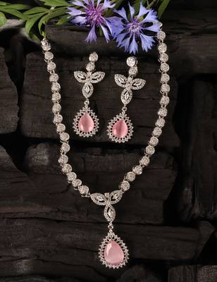 Silver Plated Pink and CZ Stone Designer Necklace 317FNNN360 5