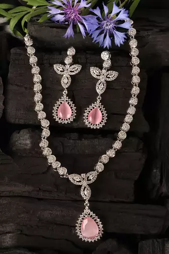 Silver Plated Pink and CZ Stone Designer Necklace 317FNNN360
