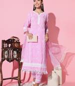 Pink Cotton Silk Floral Printed Fabric Lace Border Work Straight Kurta, Pant And Dupatta Set