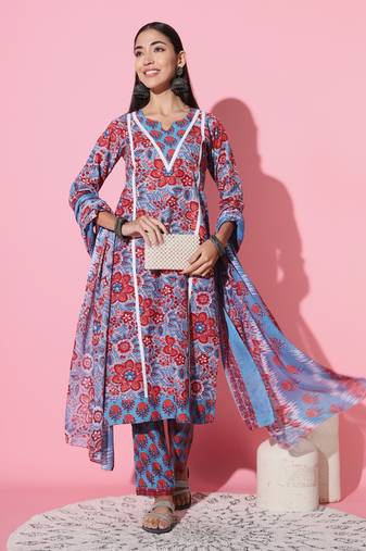 Floral Printed Cotton Blend Kurta Pant and Dupatta set