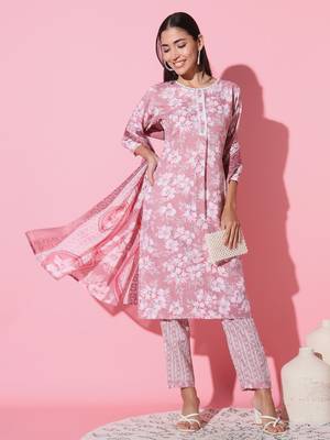 Cotton Fabric Printed work Straight cut Kurta, Pant and Dupatta Set 1