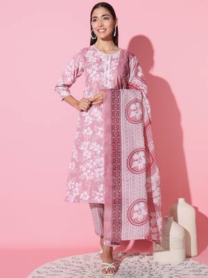 Cotton Fabric Printed work Straight cut Kurta, Pant and Dupatta Set 2