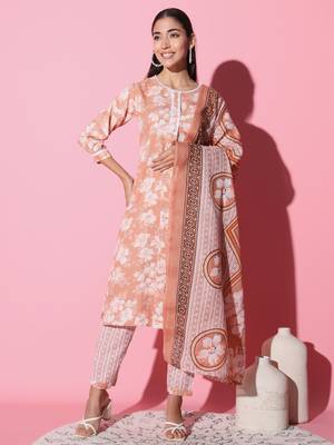 Cotton Fabric Printed work Straight cut Kurta, Pant and Dupatta Set 1