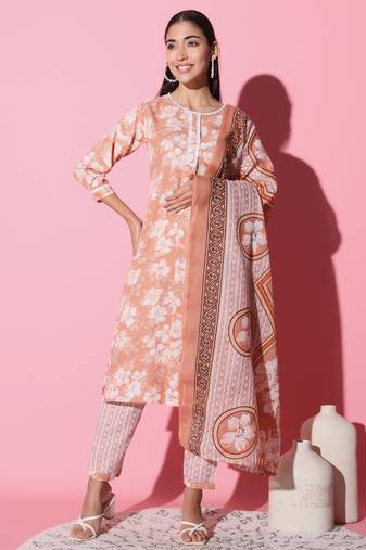 Cotton Fabric Printed work Straight cut Kurta, Pant and Dupatta Set