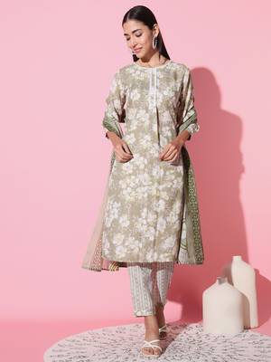 Cotton Fabric Printed work Straight cut Kurta, Pant and Dupatta Set 1