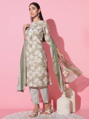 Cotton Fabric Printed work Straight cut Kurta, Pant and Dupatta Set 3