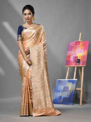 Peach katan silk banarasi saree with ethnic motifs and zari woven designs 1