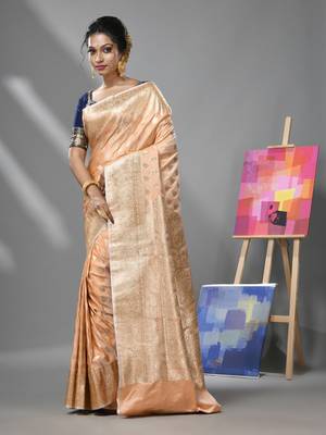 Peach katan silk banarasi saree with ethnic motifs and zari woven designs 2