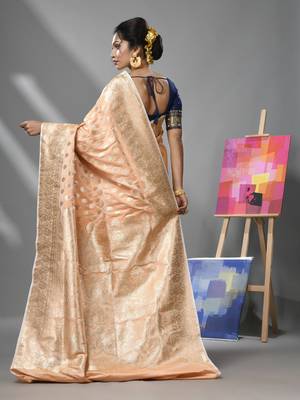 Peach katan silk banarasi saree with ethnic motifs and zari woven designs 3
