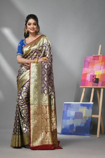 Violet silk banarasi saree with zari woven designs