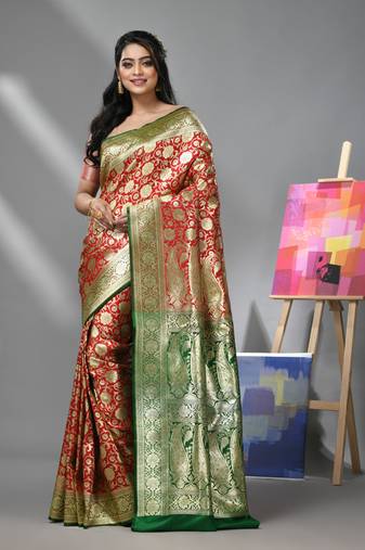 Red silk banarasi saree with zari woven floral and paisley designs
