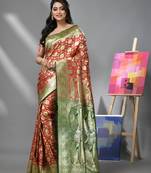 Red silk banarasi saree with zari woven floral and paisley designs