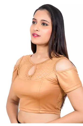 Lycra Copper Cold Shoulder Short SleevesStretchable Readymade Blouse